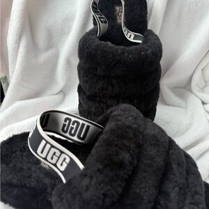 UGG Black Fluffy Slides with Logo Strap